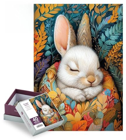 Wentworth Wooden Puzzles Snuggle Bunny - 40 Pcs Jigsaw Puzzle, Themed Irregular Pieces, Momart Design for Animal Lovers - Sustainably Sourced Wood & British Made