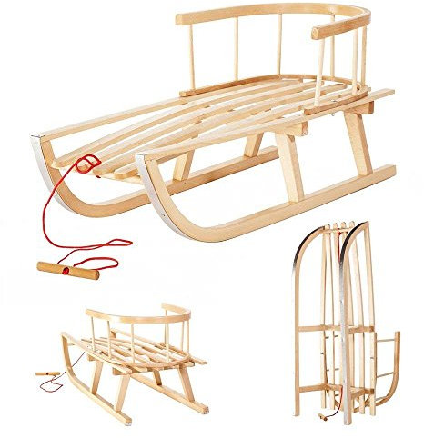 Holzschlitten aus Buchenholz mit Rückenlehne & Zugseil - Stabiler Rodel für Kinder - Klassischer Kinderschlitten für sicheren Winterspaß