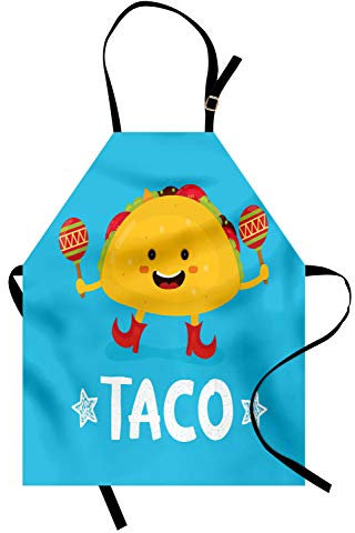 ABAKUHAUS Mexikaner Kochschürze, Tanzen Lustige Taco Smiling Face und Maracas Childish Icon Cartoon, Höhenverstellbar Klare Farben ohne verblassen, Blau Gelb