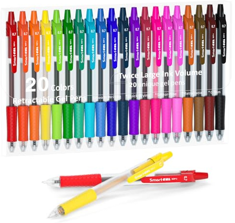 Coloured Gel Pens, Lineon 20 Colours Retractable Gel Ink Pens with Grip, Medium Point(0.7mm) Smooth Writing Pens Perfect for Adults and Kids Journal Notebook Planner, Writing in Office and School