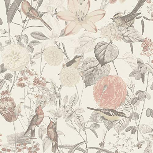 Papier peint fleurs et oiseaux 372762 | Papier peint botanique intissé | Papier peint rose, noir et blanc | Papier peint romantique chic