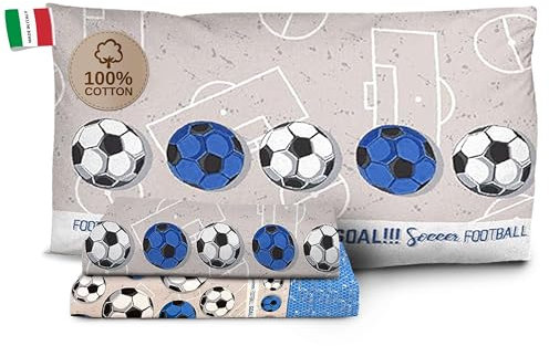 HomeLife Juego de Sábanas de Algodón Fantasía Fútbol Funda para Almohada | Sábana Encimera de 160x300, Sábana Bajera de 90x200, Funda de Almohada de 52x82 - Azul, Cama de 90