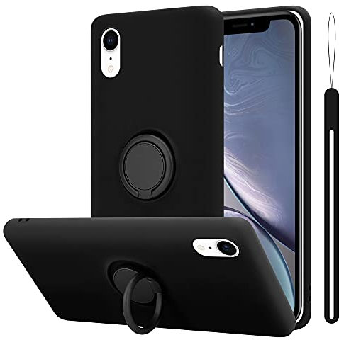 Cadorabo Hülle kompatibel mit Apple iPhone XR Schutzhülle TPU Silikon Case Liquid Design mit Ring Slim Kratzfest Liquidsilikon Microfaser mit Rundumschutz Case Hülle für iPhone XR in Schwarz