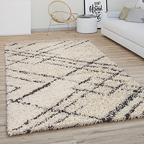 Paco Home Hochflor Teppich Wohnzimmer Schlafzimmer Boho Skandinavisch Shaggy Modern Rautenmuster, Grösse:160 cm Rund, Farbe:Creme Anthrazit 4