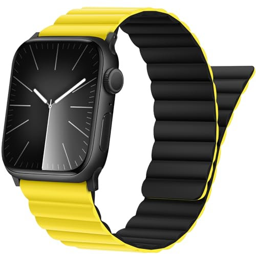 Tasikar Compatibile con Cinturino Apple Watch 49mm 46mm 45mm 44mm 42mm, Cinturini Silicone con Forte Chiusura Magnetica per Apple Watch Ultra Series 10 9 8 7 6 5 4 3 2 1 SE (Giallo-Nero)