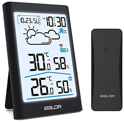 BALDR Wetterstation Funk mit Außensensor, Digital DCF-Funkuhr Außen Innen Thermometer Hygrometer Raumthermometer Funk mit Wettervorhersage