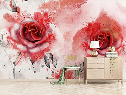Papier Peint 3D Intissé Fleur Rose Rouge Aquarelle Papier Peint Panoramique 3D Moderne Décoration Murale