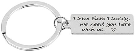 Lieson Schlüsselanhänger Geschenk, Partnerschaft Schlüsselanhänger Ringe Edelstahl Herren Rechteck Gravur Drive safe daddy,we need you here with us 37x17mm Schlüsselschilder Silber