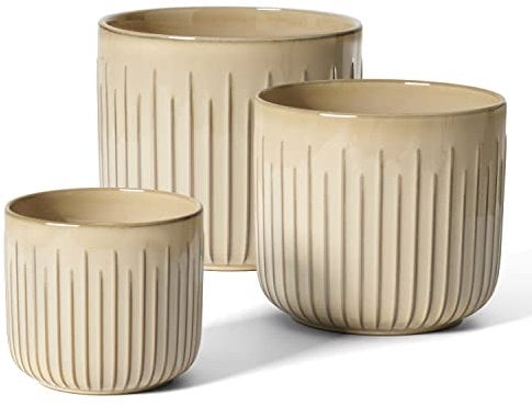 LE TAUCI Macetero, 14+17.5+21 cm Macetas de Cerámica con Agujero de Drenaje, Juego de 3 Macetero Grande, Macetas Decorativas Interior, Beige Esmaltado