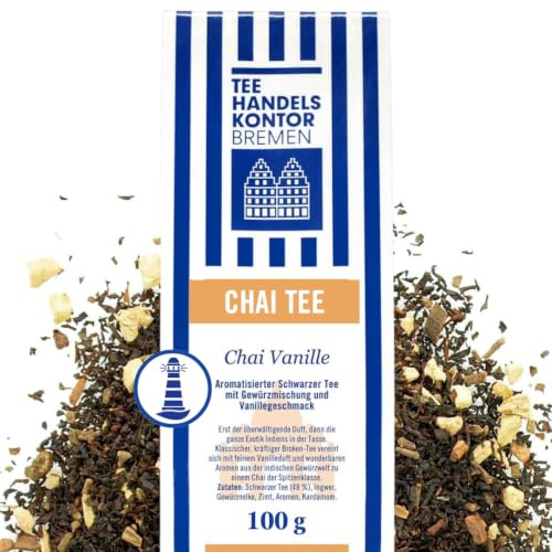 Hochwertiger Schwarzer Tee lose Chai Vanille 100 g kräftig würzig | Exotische Gewürzkomposition mit Ingwer, Kardamom und Zimt, Feiner Vanilleduft, Kräftige Basis aus erlesenem Schwarztee