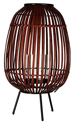 KHG Windlicht 45 cm in rot aus Bambus/Metall, mit Glaseinsatz, Kerzenständer, Kerzenhalter, Outdoor und Indoor, Deko, für Wohnzimmer, Balkon, Terrasse, Garten usw.