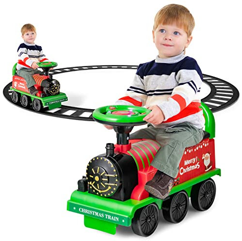 COSTWAY Kids Electric Ride on Train with Tracks, Storage Seat, Flashing Lights & Music, 6V Battery Powered Ride on Toy Car for Children Toddler Gifts (Green)