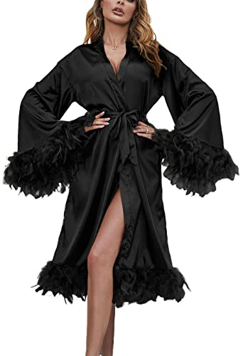 Acrawnni Damen Feder Seide Satin Robe Dessous Nachthemd Bademantel Nachtwäsche Hochzeit Seide Satin Brautmantel Morgenmantel mit Gürtel