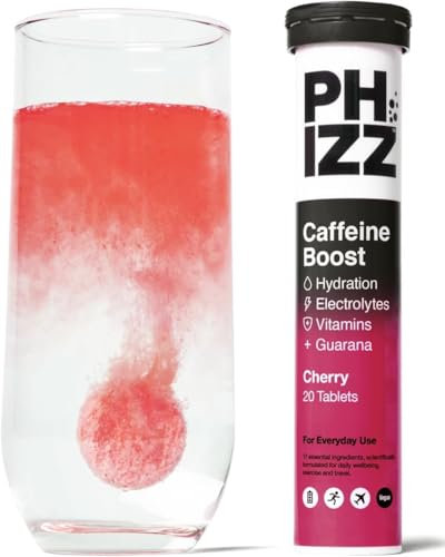 Phizz Daily Energy Electrolyte Hydration Tablets - 16 Vitamins and Minerals - Effervescent Energy Tablets - 75mg Caffeine (Daily (Cherry), 20)