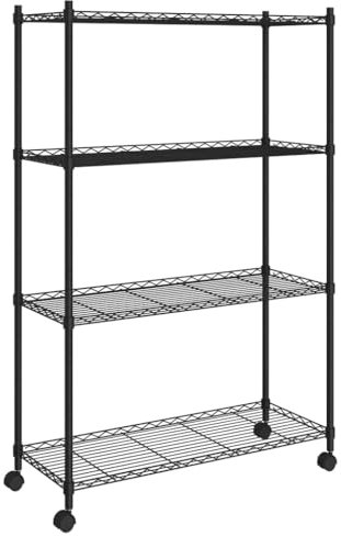 vidaXL Lagerregal, Schwerlastregal mit 4 Böden Rollen, Steckregal für Bad Küche Büro Garage, Kellerregal Werkstattregal, Schwarz 200kg