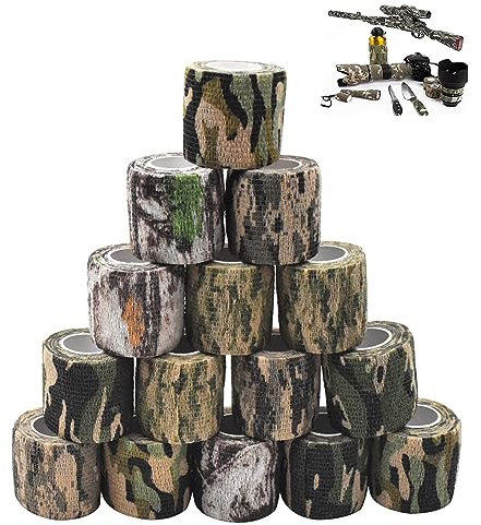 Hzyclzh Camouflage Tape Selbstklebender 15 Rollen Outdoor Tarnband, Camo Tape Stoff, Camouflage Tape Wrap, Schutz Camouflage Tape für Outdoor Camping Fotografen Jäger Kamera Schutz 5 cm x 4.5m