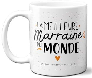 DECOHO - Mug Meilleure Marraine du Monde - Mug céramique blanc - 33 cL, imprimé en France, cadeau anniversaire ou Noël - Blanc