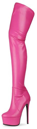 Stivali sopra Il Ginocchio a Spillo in Pelle Elasticizzata da Donna Stivali Alti alla Coscia con Plateau Sexy alla Moda Tacchi Alti Night Club Stivali da Pole Dance per Feste,Rose Red,38 EU