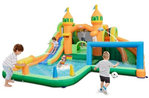 COSTWAY Inflatable Water Park, Kids Bouncy Castle Jumper House with Dual Slides, Water Cannon, Basketball Hoop, Football Gate, Ring Toss, 472 x 449 x 255cm