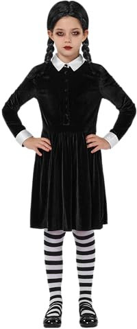 Spooktacular Creations Black Collar Dress, Long Sleeve School Girl Costume, Velvet Skater Dress for Kids Halloween Party