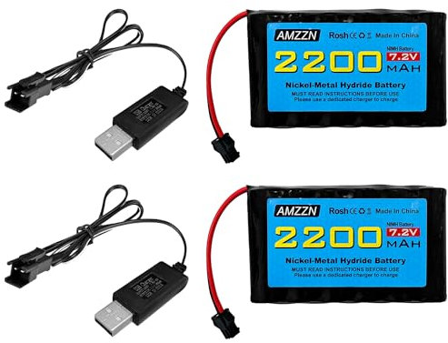 AMZZN 2PCS 7.2V 2200mah AA NiMH Battery with SM-2P Plug and 2PCS USB Charging Cable for Huina 1550 550 RC Excavator, Car, Truck, Engineering Vehicle, TR-211 RC Toy Car Battery