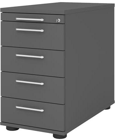 bümö Schreibtisch Schrank abschließbar, Schubladenschrank Holz in Graphit, Container mit Schubladen - Schubladen Schrank Büro, Schreibtisch Container od. Schreibtisch Kommode mit Relinggriffe