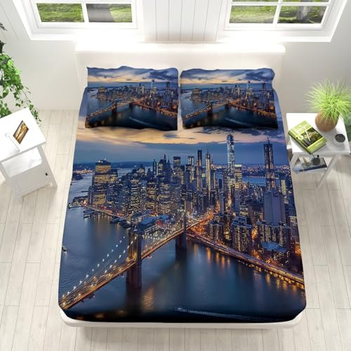 Spannbettlaken Abenddämmerung New York City Weiches Mikrofaser Spannbetttuch Set Design 90x200cm für Boxspringbetten Tiefe Tasche 30 cm Blau Für Kinder & Erwachsene Matratzenschoner