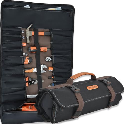 WELKINLAND 18-Pockets Waxed Canvas Tool Roll, Heavy-Duty tool bag roll, Waterproof tool roll up bag, 17 Canvas tool roll, Roll up tool bag, Tool roll bag organizer, Screwdriver roll up bag
