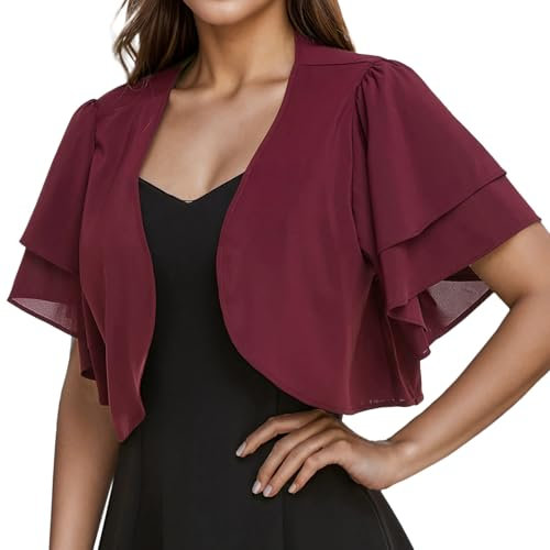 ORANDESIGNE Boleros Damen Bolero Chiffon Festlich Kurzarm Bolerojacke Elegant Kurze Cardigan Leicht Schulterjacke Festliche Shrug Transparent Bettjäckchen Offene Kurzjacke Sommer B Weinrot XL