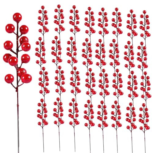 32 Pack Christmas Tree Decoration, 8 Red Holly Berry Stems Picks Filler
