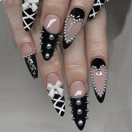 GlamRays 24 Pieces Y2K Medium Length Almond Wear Press On Nails & False Nails, with Black Wide French Edges, Decorated with Heart Pattern and Alloy Beads
