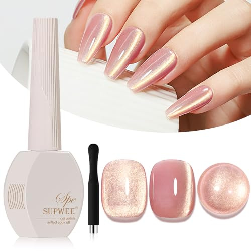 SUPWEE Gold Cat Eye Gel Nail Polish 15ML Pink Magnetic Gel Nail Polish | with Magnet Soak Off Holographic Gels Polish Shimmer Cat Eye Effect Gels for Nail Art Salon