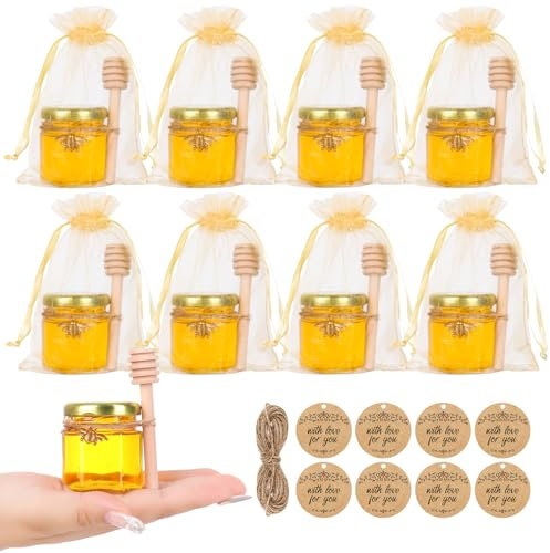 AuroTrends Mini Honey Jars with Dipper 1.5oz 8Pack, Empty Hexagon Honey Jars for Baby Shower Favors/Wedding Favors/Party Gifts- Mini Glass Jars with Gold Lids