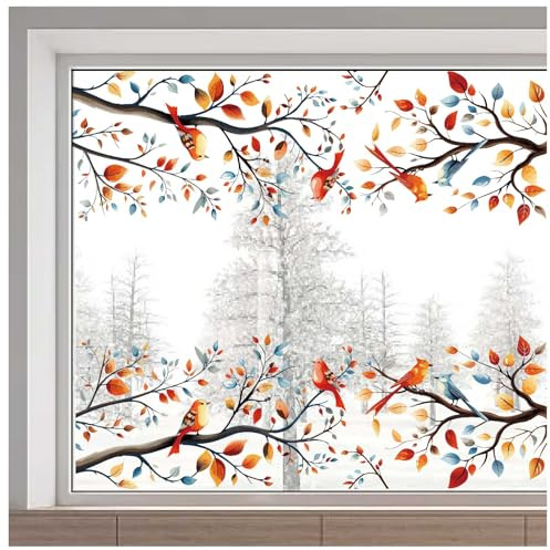 GORGECRAFT 116x38cm Großer Fensteraufkleber Mit Vogelmotiv In Form Eines Baumasts Frühling Sommer Kardinal Rotkehlchen Blauvogel Fensterdekoration Doppelseitige Transparente Statische Fensteraufkleber