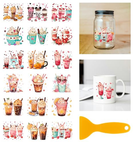 GLOBLELAND 18 Blatt Getränke Abziehbilder Zum Aufreiben 3.9x3.6Zoll Bunte Aufkleber Für Milch Tee Zuhause Kaffee Eisbecher Abziehbilder Für Möbel Vasen Glas Kunsthandwerk Dekorationen