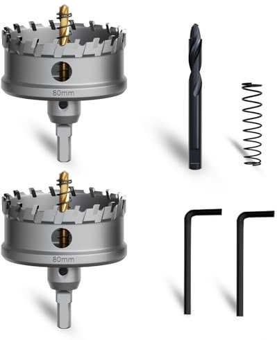 METOTY Lot de 2 scies cloches en métal, 80 mm, en carbure de tungstène, avec un foret supplémentaire nitré gratuit et une clé en L, pour acier, fer, aluminium, métal