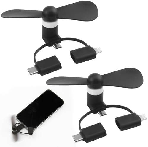 JRILUO Ventilatore Portatile Mini USB 3 in 1 Nero, Compatibile con iOS Device Connector, Tipo-C, Micro-USB, Ventilatore Rotante a Mano per Ufficio, Viaggio, Esterni, Raffreddamento Estivo