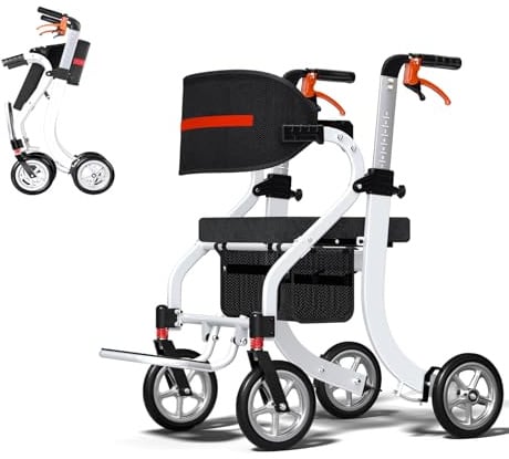 3-in-1 Aluminium Rollator Rollstuhl Faltbar und Leicht mit Sitz, Höhenverstellbar Gehhilfe, 9,3 kg Leichtgewicht Reiserollator Schmal für Wohnung, Rollatoren mit Aufbewahrungstasche (Weiß)