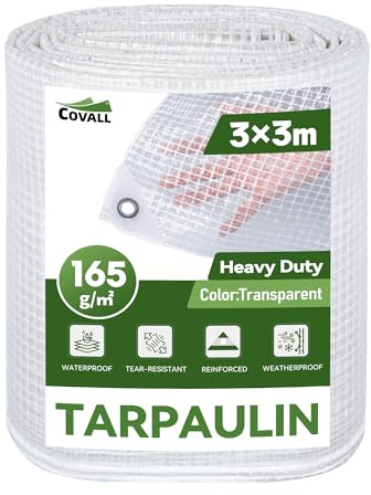 COVALL Bâche Transparente Extérieur 3x3m Dimensions Finies, avec Oeillets, Haute Résistance 165 g/m² Armée, Imperméable, Idéale pour Serre, Jardin, Poulailler et Protection Balcon Contre la Pluie