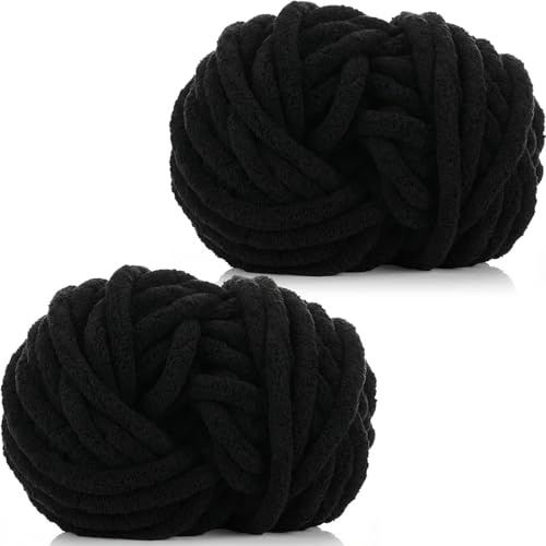 Xtrillogen 500g(2 x 250g) Dicke Wolle zum Stricken,Chenille Wolle zum Häkeln,Häkelgarn Baumwolle,Flauschig Chunky Yarn,Knitting Chenille Garn,Weben von Taschen,Schal,Decke,Mützen (Schwarz)