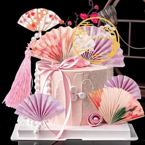 Pink Folding Fans Cake Toppers Japanese Themed Birthday Party Decor | Pink Folding Fan Cake Toppers Japanese Themed Decor Birthday Cake Decorations Party Supply Accessories
