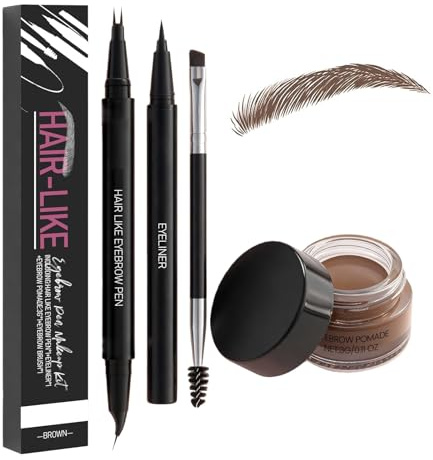 KOSLEOW Kit de Maquillage pour Sourcils, 3 en 1 Crayon Sourcil waterproof Avec Feutre Courbé,Cire à Sourcils Imperméable, Stylo Sourcil Effet Poil, Marron Foncé