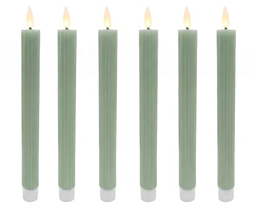 Relaxdays LED Stabkerzen, 6er Set, HxD: 25 x 2 cm, flackernde Flamme, Echtwachs, mit Rillen, flammenlose Kerzen, Salbei