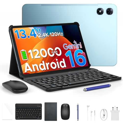 P13 Pro 13.4 Inch Large Tablet, Android 16 Tablets, Gemini AI, 120Hz, 48GB+256GB/TF 2TB, 12000mAh/18W, T7280 Octa-Core, 4G Dual SIM, OTG, 16MP+8MP, Face ID, 5G WiFi, Tablet with Keyboard Stylus, Blue