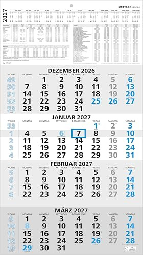 4-Monatskalender blau 2027: Wandkalender 33x59 cm mit 4 Monaten pro Blatt, Datumschieber, Wochenzählung, Feiertagen & Ferien ideal für Büro & Homeoffice | Wandkalender 33x59 cm mit 4 Monaten pro Blatt, Datumschieber, Wochenzählung, Feiertagen & Ferien ideal für Büro & Homeoffice