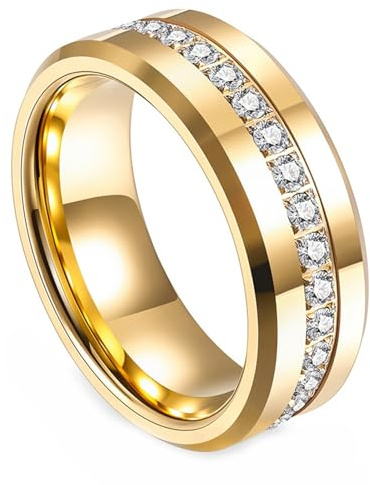 Whoiy Ring Gravur für Paare, Bandring Wolfram 6MM/8MM mit Zirkonia Verlobungsring Ewigkeit Modeschmuck Paarringe Gold Gr 52-70