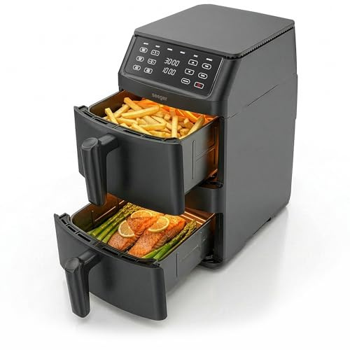 Seeger Heißluftfritteuse - 11 L, 2 Vertikale Schubladen, PFAS-frei, Heißluftfritteuse, 8 Automatische Programme (30-220°C), 2500 W, Digitaler Touchscreen, Energiesparend, Schwarz, SGR1011BK