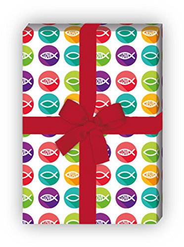 Kartenkaufrausch Christliches Geschenkpapier Set mit Fisch, Love und Jesus für tolle Geschenk Verpackung, Designpapier, scrapbooking, 4 Bögen, 32 x 48cm Dekorpapier, Musterpapier zum Einpacken
