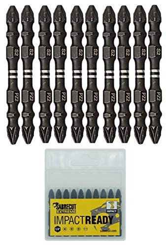 10 x SabreCut SCPZ265_10 65mm PZ2 Impact Screwdriver Driver Bit Set Double Ended Pozidriv POZI No.2 Heavy Duty Including Storage Box
