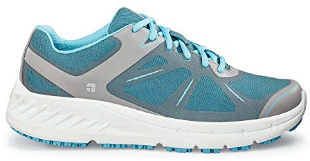 Shoes for Crews Damen-Arbeits-Sneaker mit rutschhemmender Sohle – bequem, leicht, atmungsaktiv, Spritzwasserschutz, ideal für Gastronomie Küchen Kellner, Krankenschwester – Vitality II Grau Blau